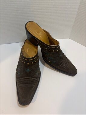 Cole Haan Suede Western Style Studded Square Pointed Toe Heeled Mules Womens 8